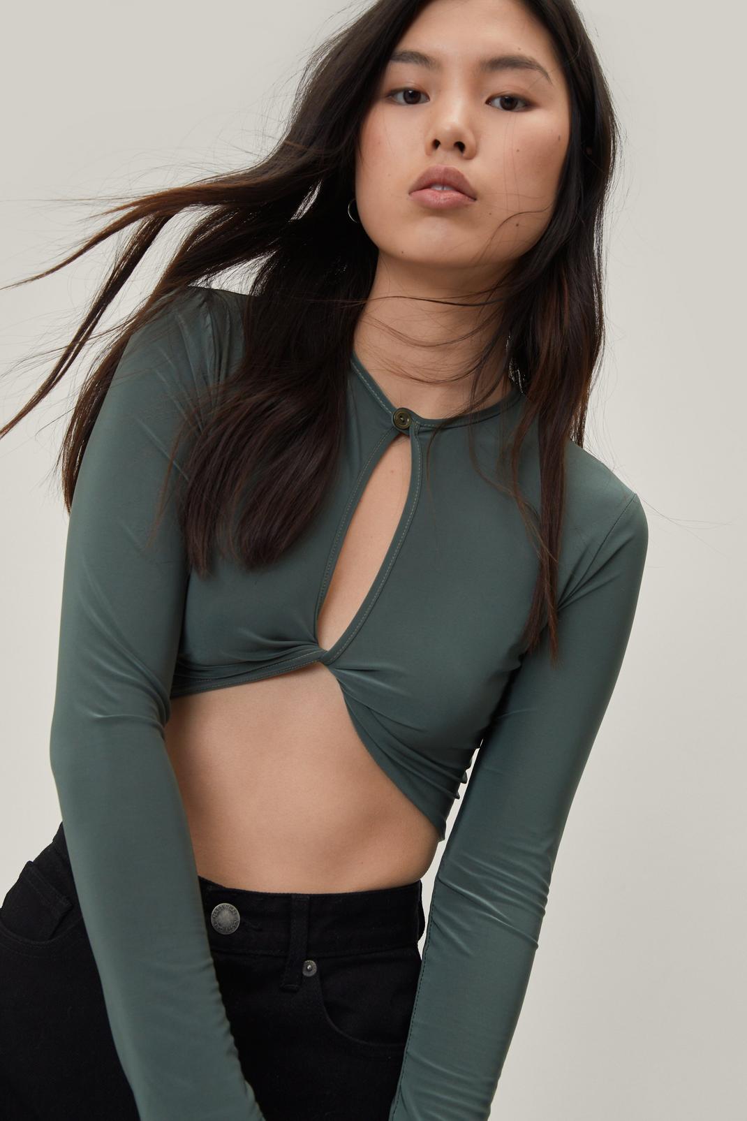 Khaki Keyhole Cut Out Twist Front Cropped Top image number 1
