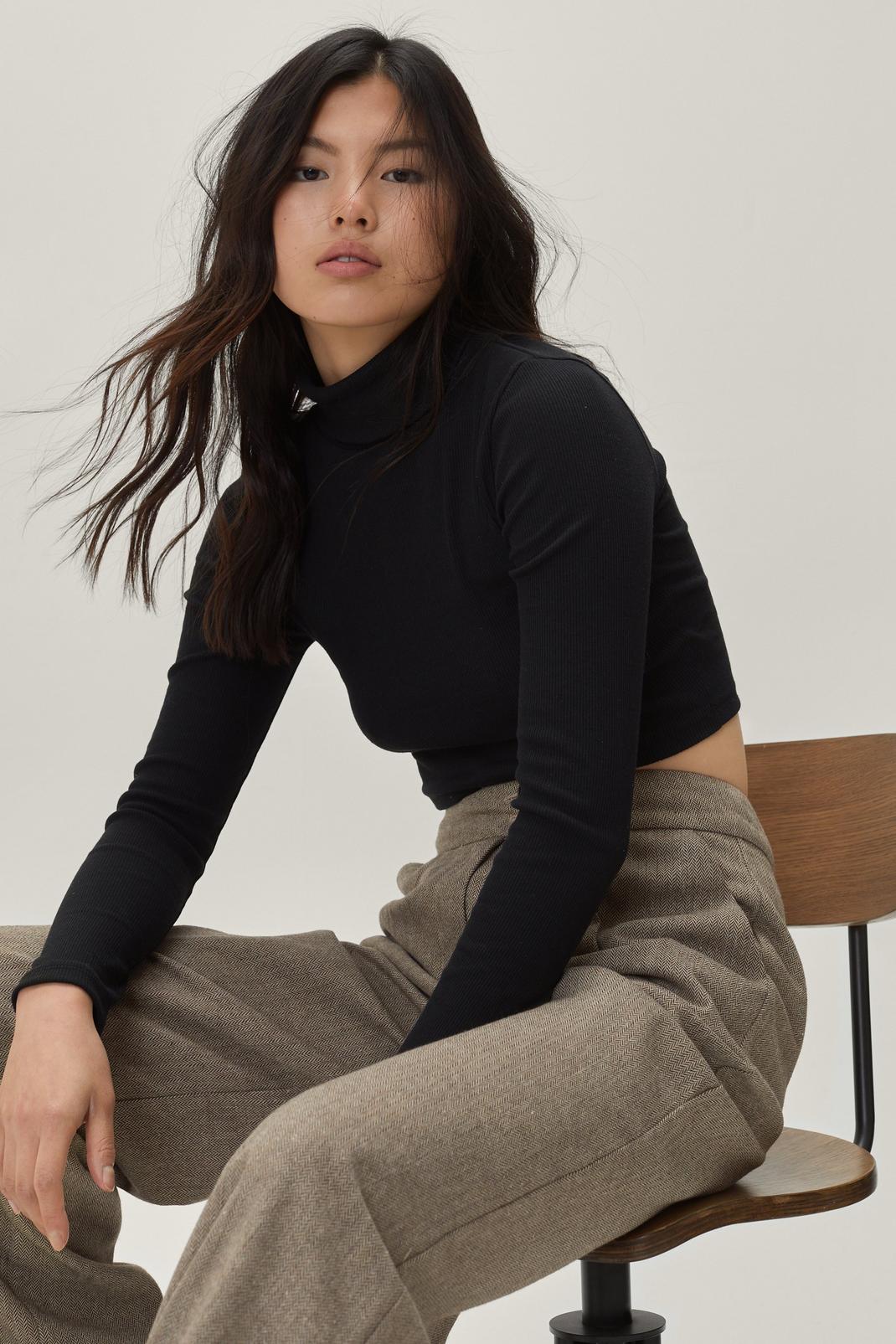 Black Ribbed Roll Neck Cropped Long Sleeve Top image number 1