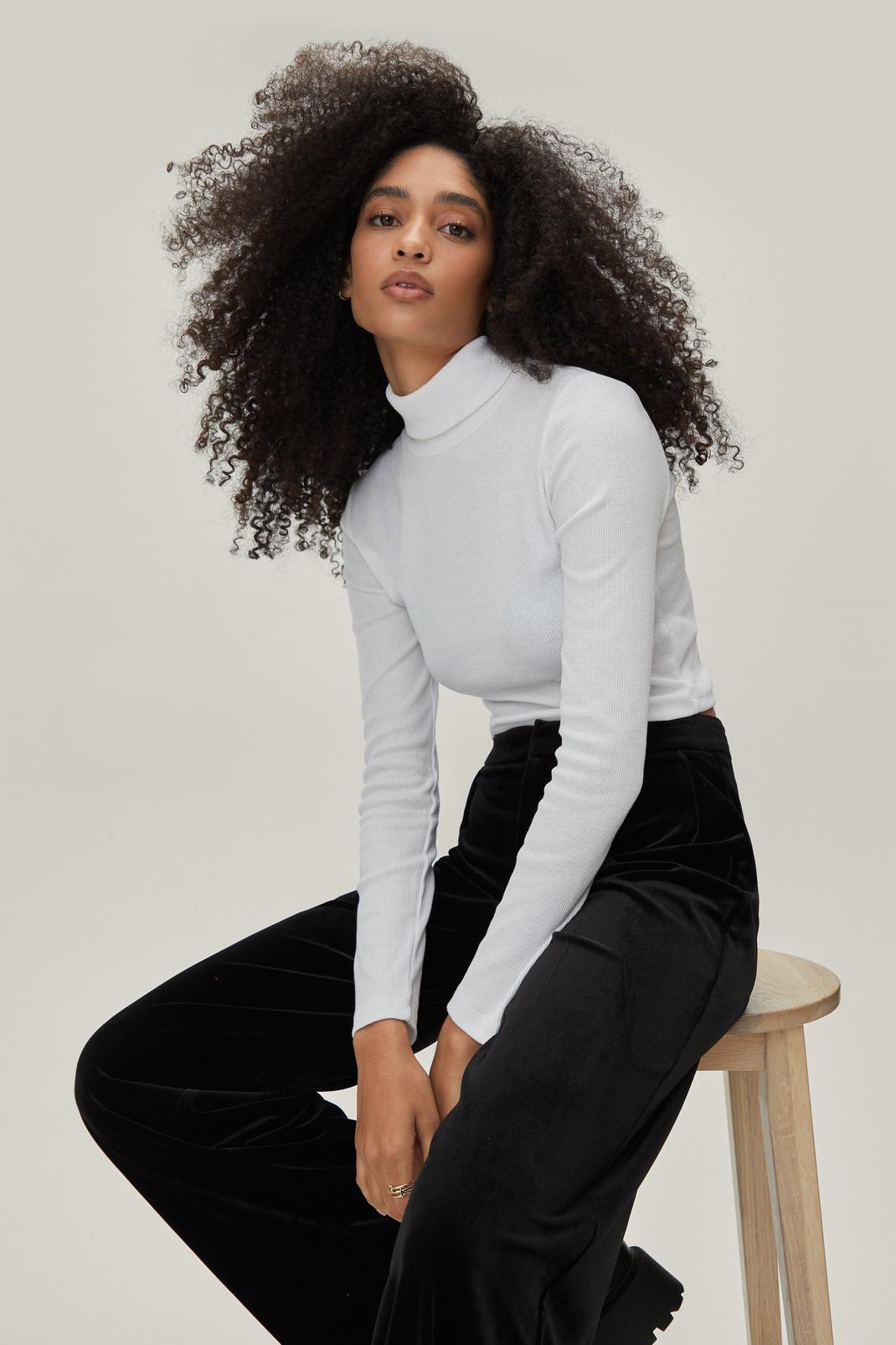 White Ribbed Roll Neck Cropped Long Sleeve Top image number 1