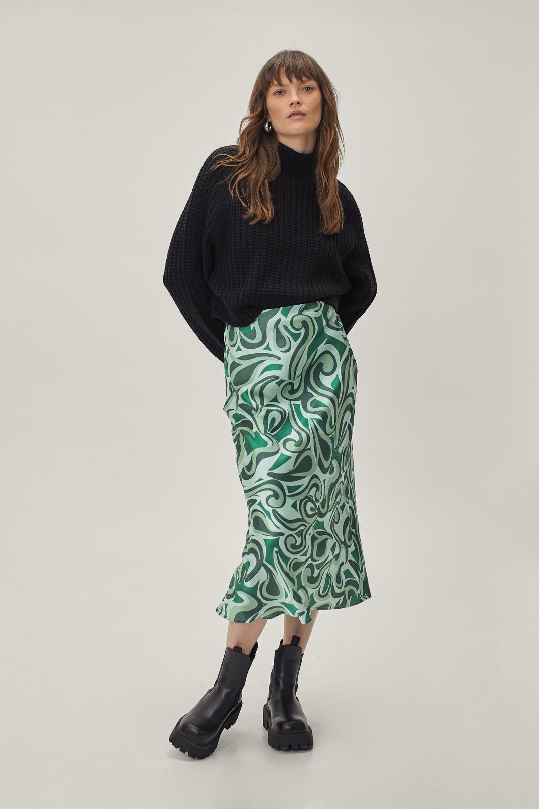 Green Abstract Swirl Print Midi Skirt image number 1