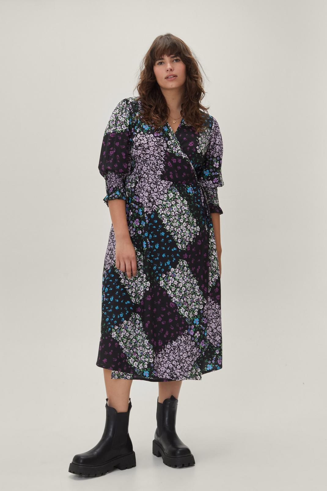 Purple Plus Size Floral Patchwork Print Wrap Dress image number 1
