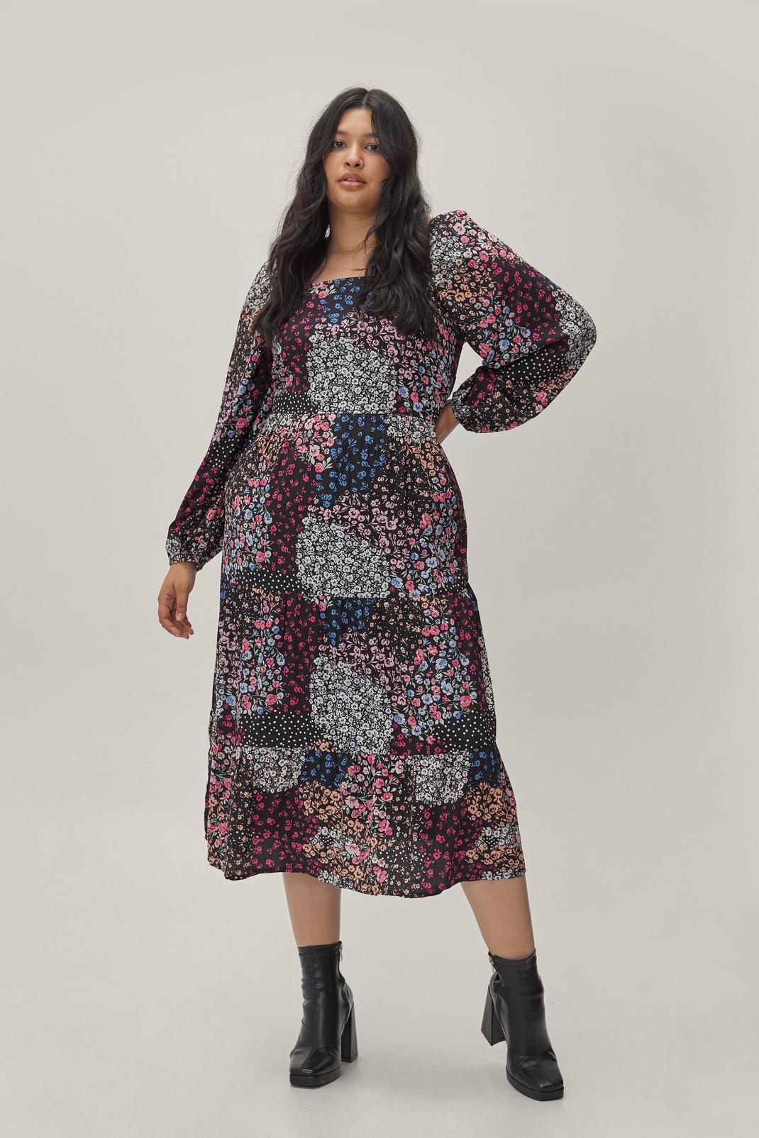 105 Plus Size Patchwork Printed Smock Midi Dress image number 1
