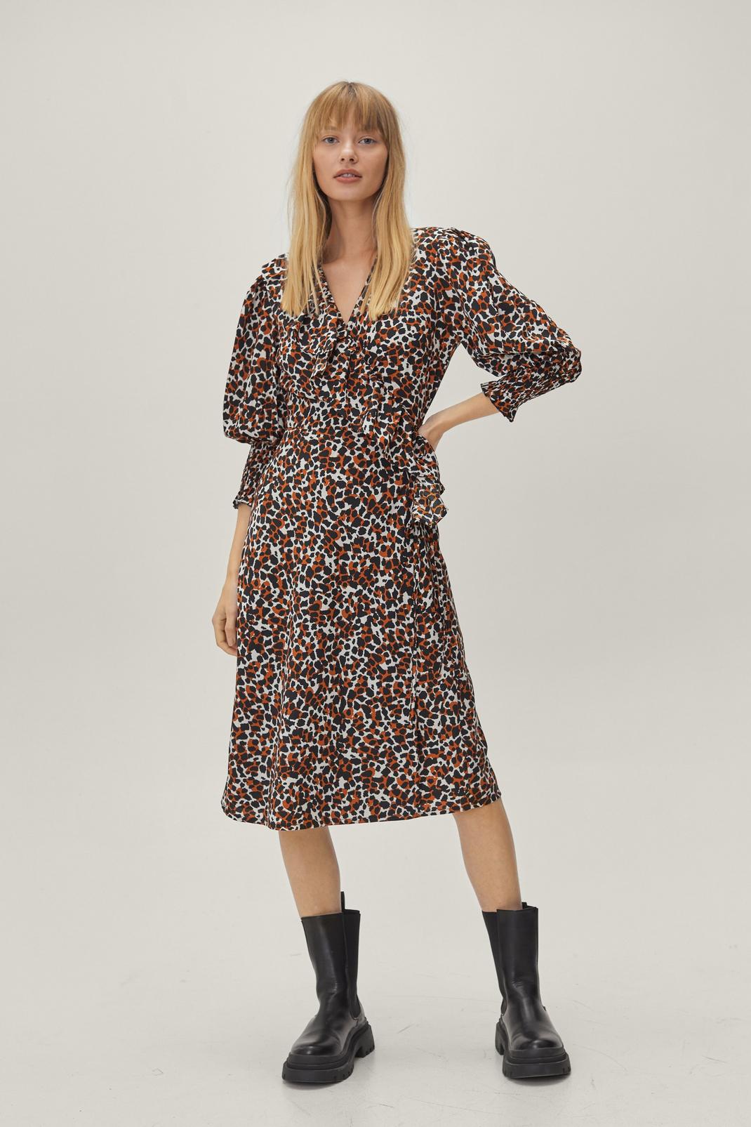 Brown Leopard Print Wrap Midi Dress image number 1