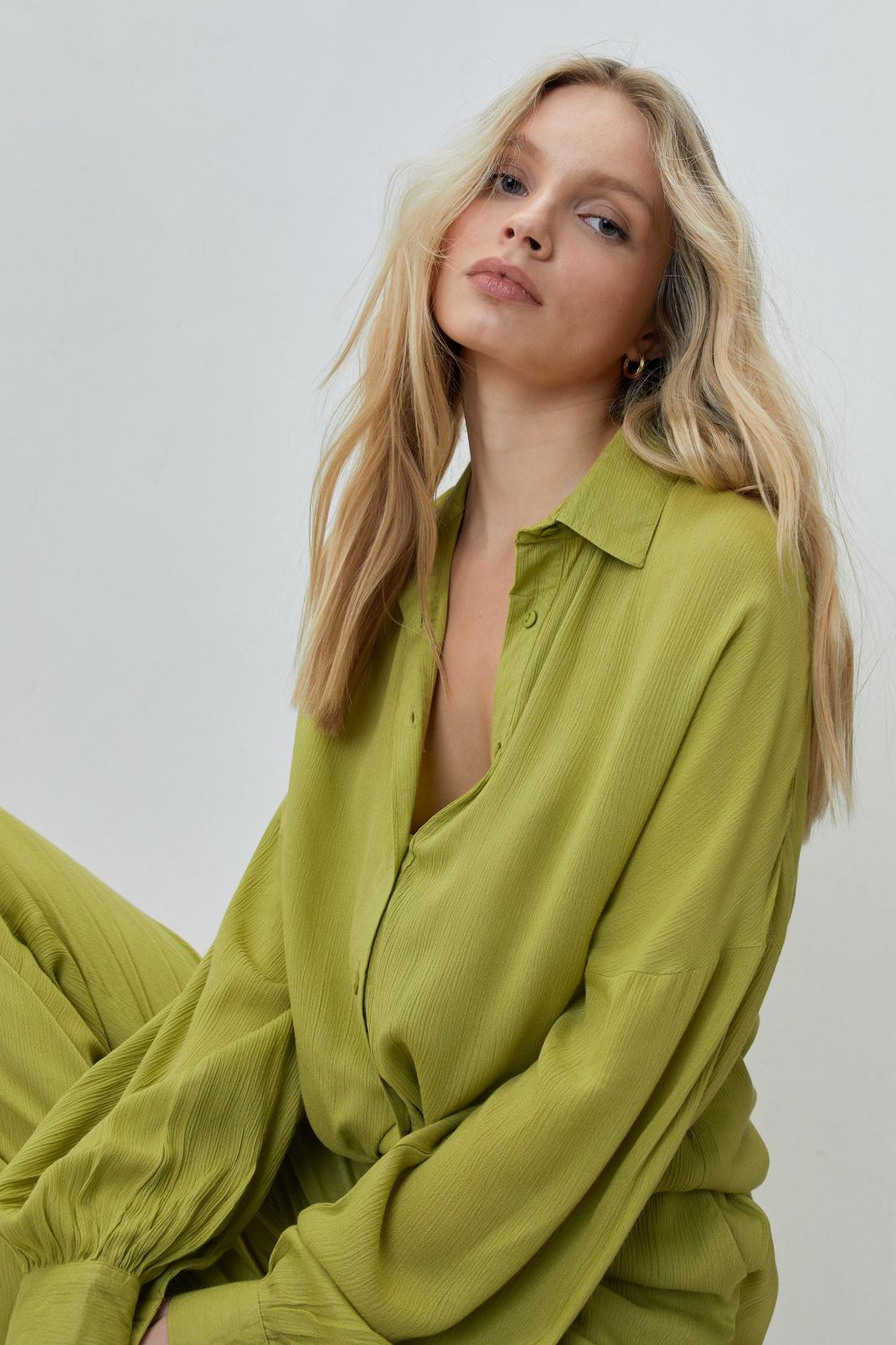 Chartreuse Crinkle Viscose Tie Front Cover Up Shirt image number 1