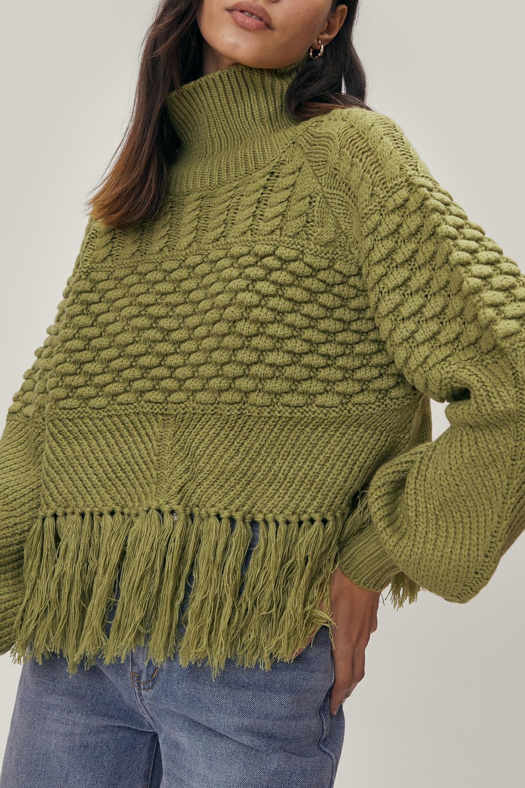 Green Cable Knit Fringe Hem Sweater image number 1