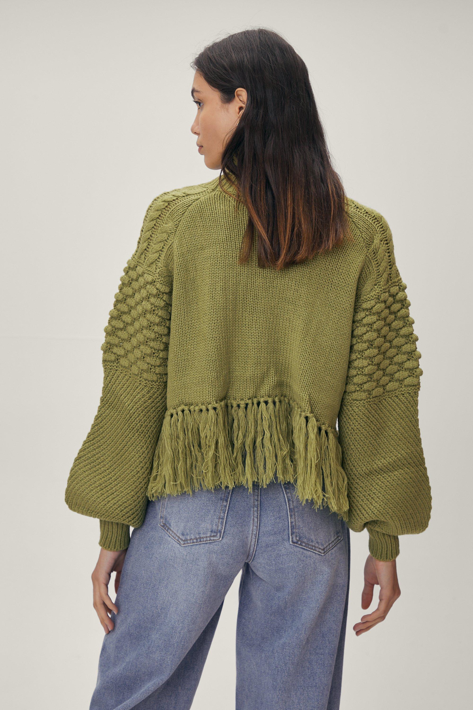 Cable Knit Fringe Hem Sweater
