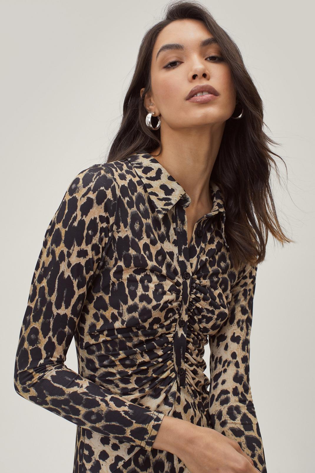 Black Ruched Front Leopard Print Midi Dress image number 1