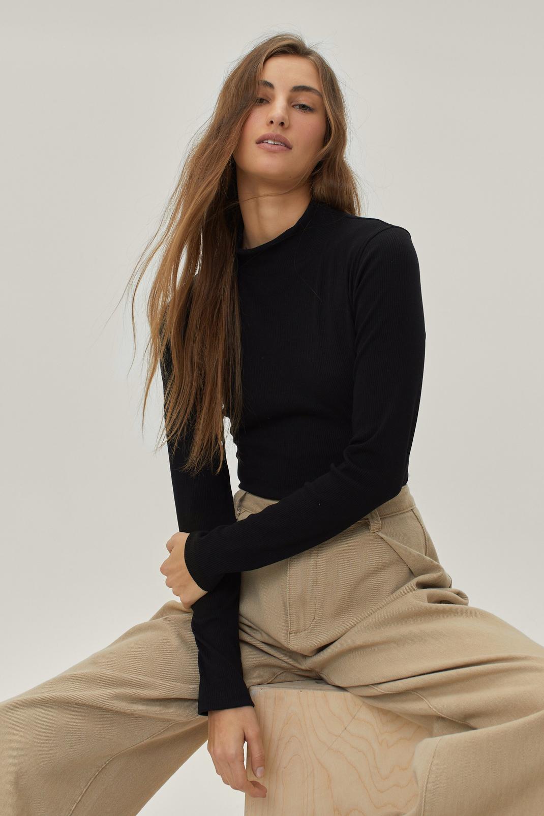 Black Ribbed Polo Neck Top image number 1