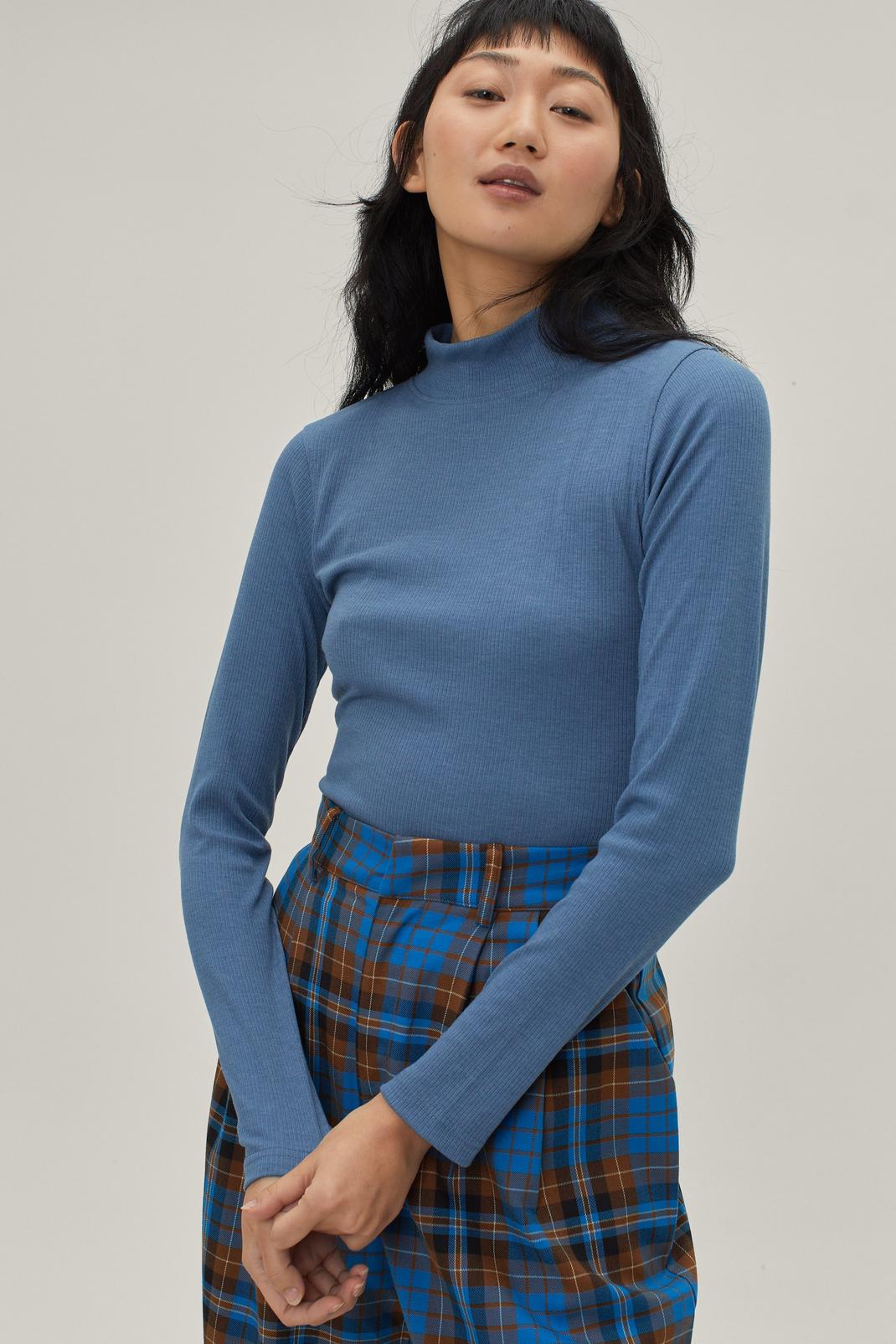 Blue Ribbed Polo Neck Top image number 1