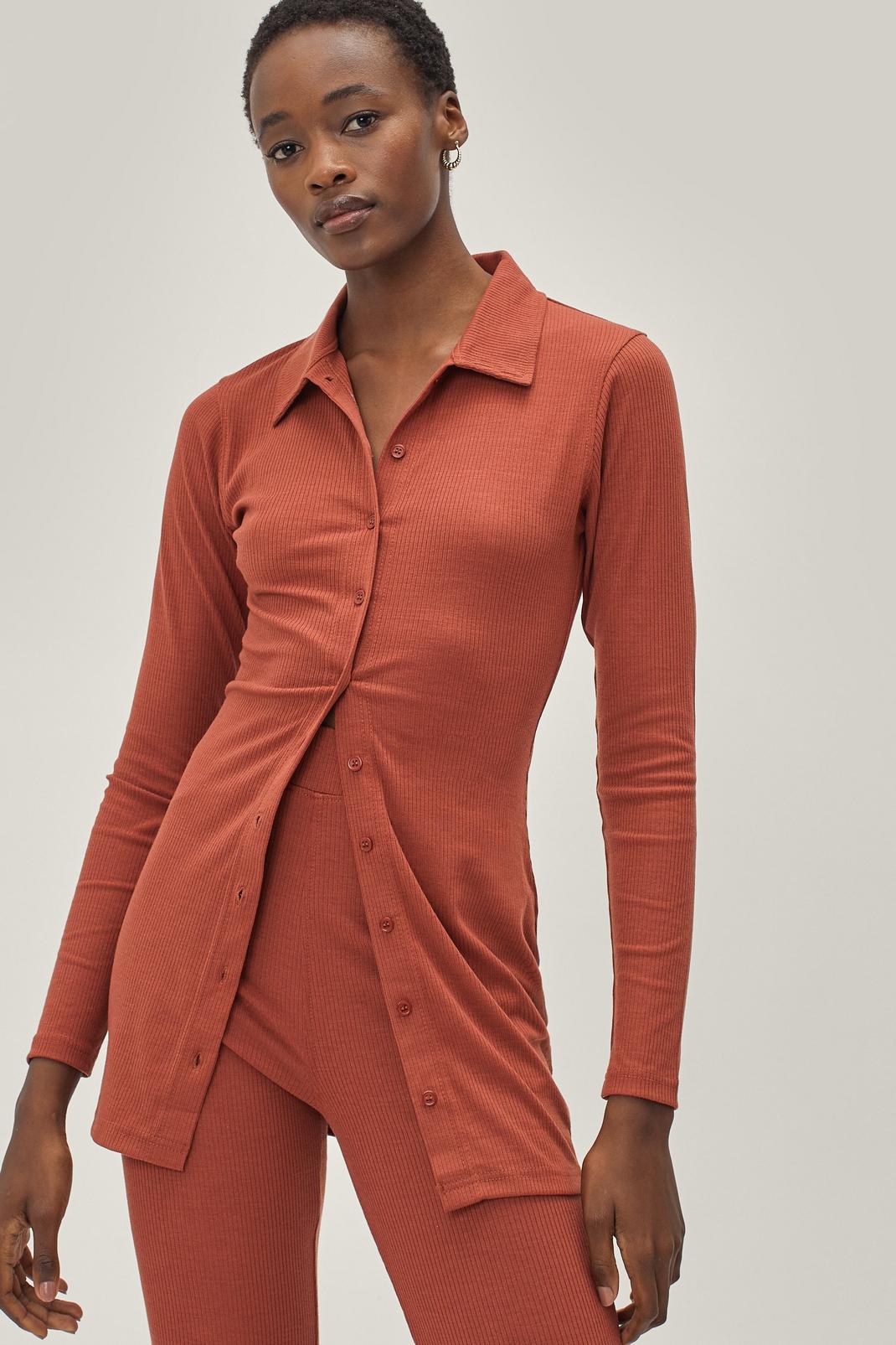 Rust Ribbed Button Collar Mini Dress image number 1