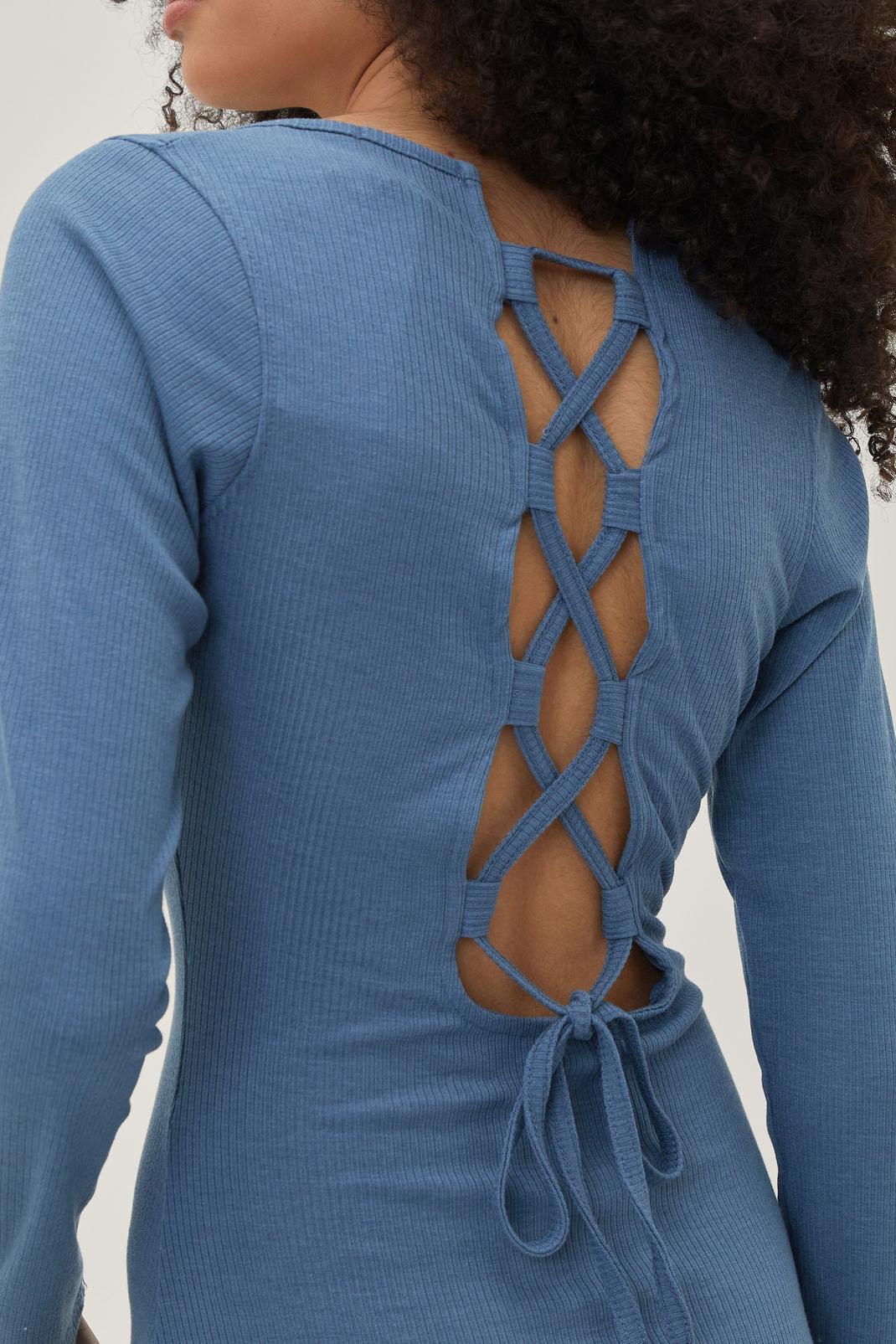 Blue Ribbed Square Neck Lace Up Mini Dress image number 1