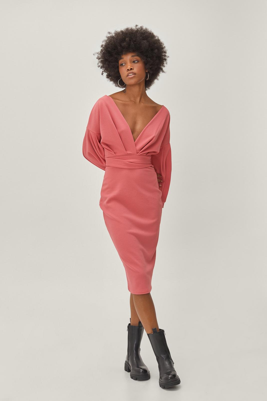 Hot pink Petite Off Shoulder Belted Midi Dress image number 1
