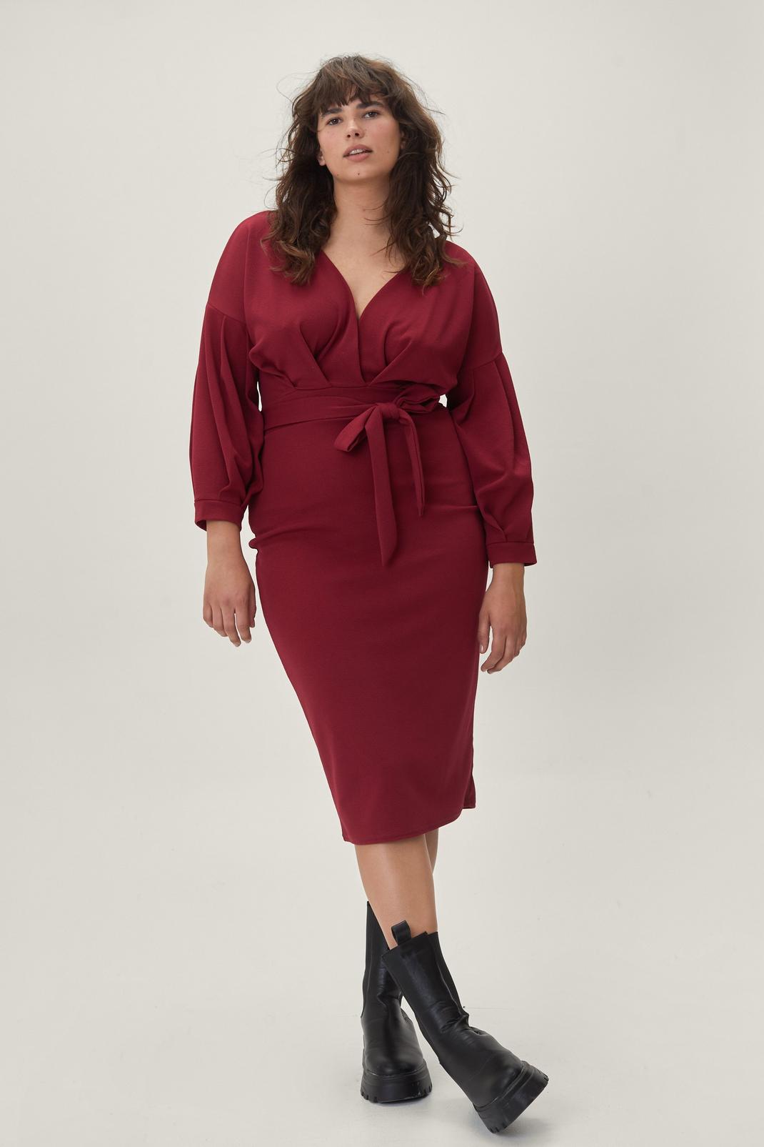 104 Plus Size Wrap Midi Belted Dress image number 2