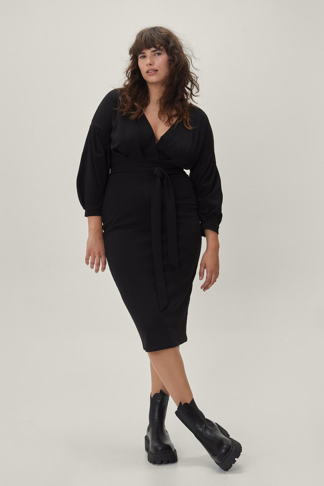 Black Plus Size Wrap Midi Belted Dress image number 1