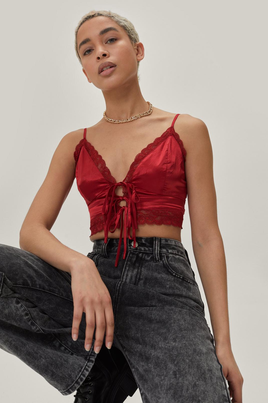 Berry Lace Trim Tie Front Cropped Cami Top image number 1