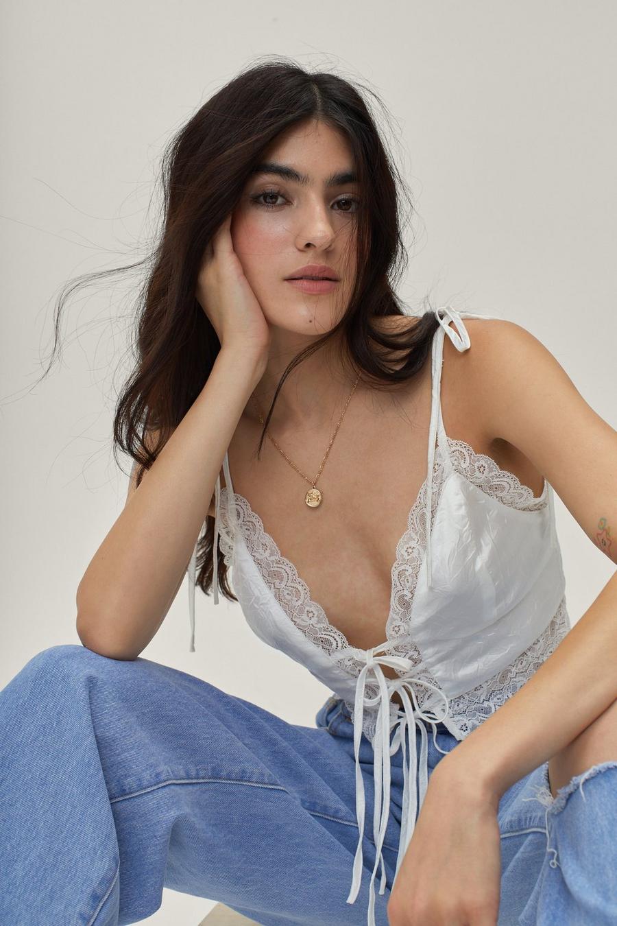 Lace Trim Tie Front Cropped Cami Top