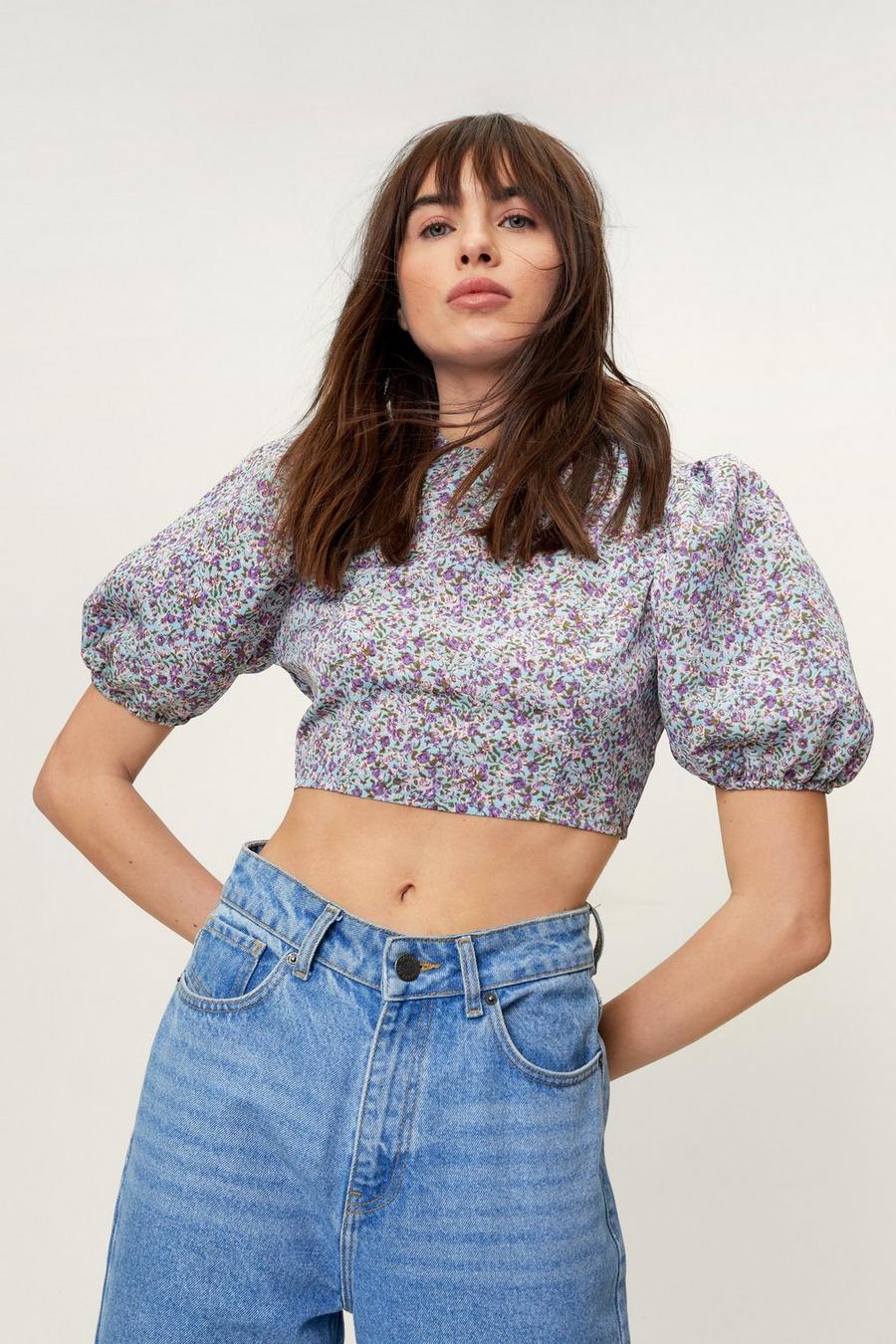 Puff Sleeve Tie Back Cropped Blouse