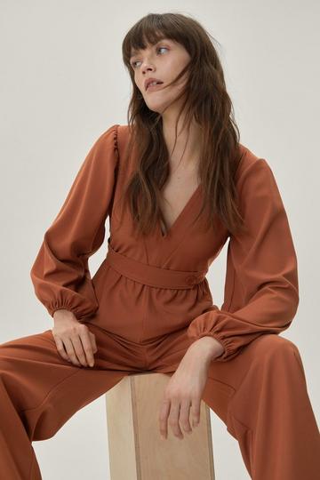 Belted Detail Puff Sleeve Flared Jumpsuit rust