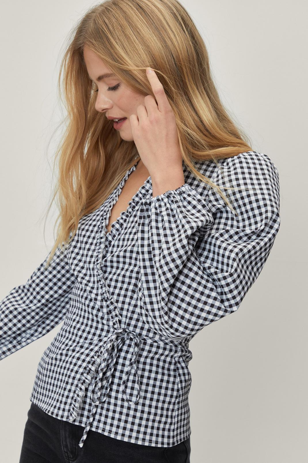 Black Check Print Puff Sleeve Wrap Front Top image number 1
