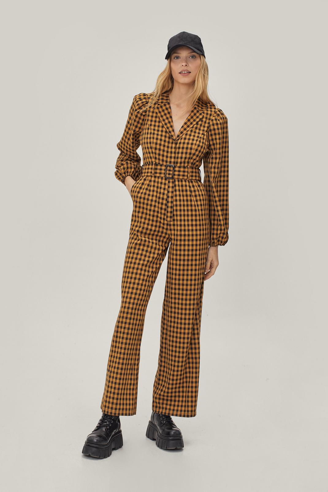 Orange Grunge Checked Belted Tailored Jumpsuit image number 1