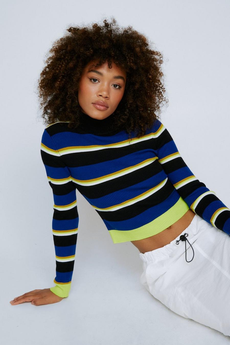 Stripe High Neck Cropped Sweater