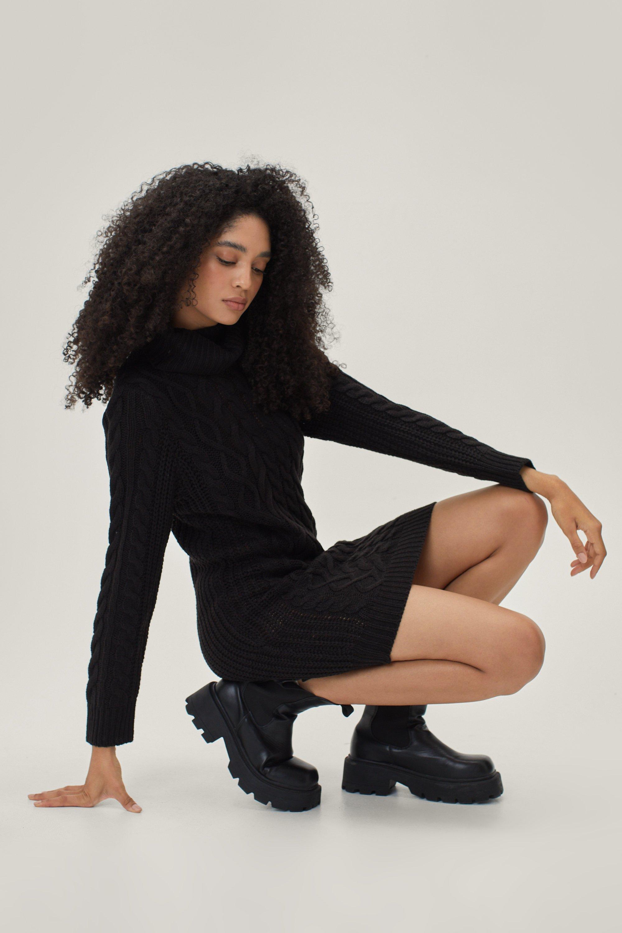Bodycon Cable Knit Roll Neck Jumper Dress
