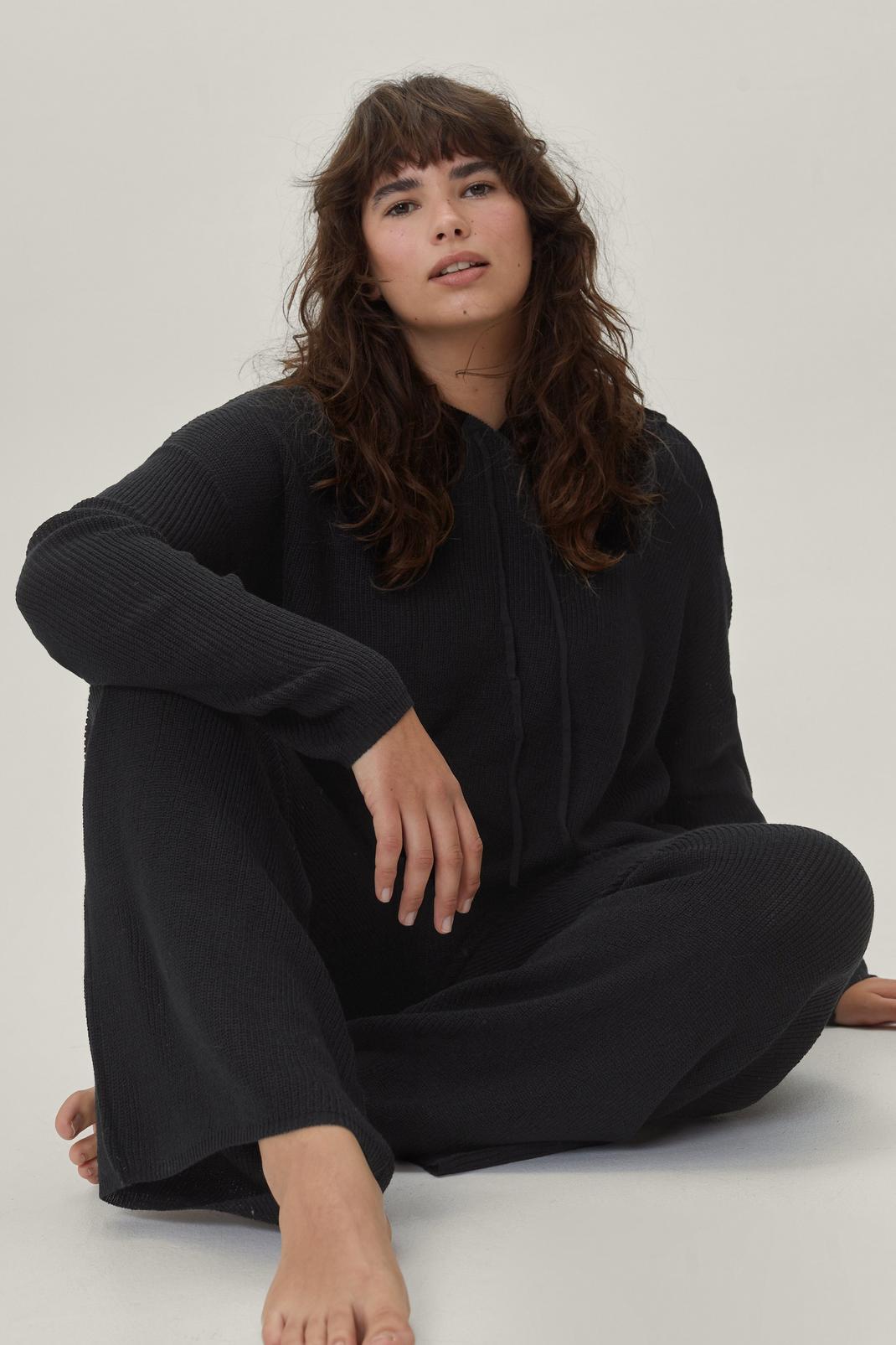 Black Plus Size Knitted Hoodie and Trousers Lounge Set image number 1