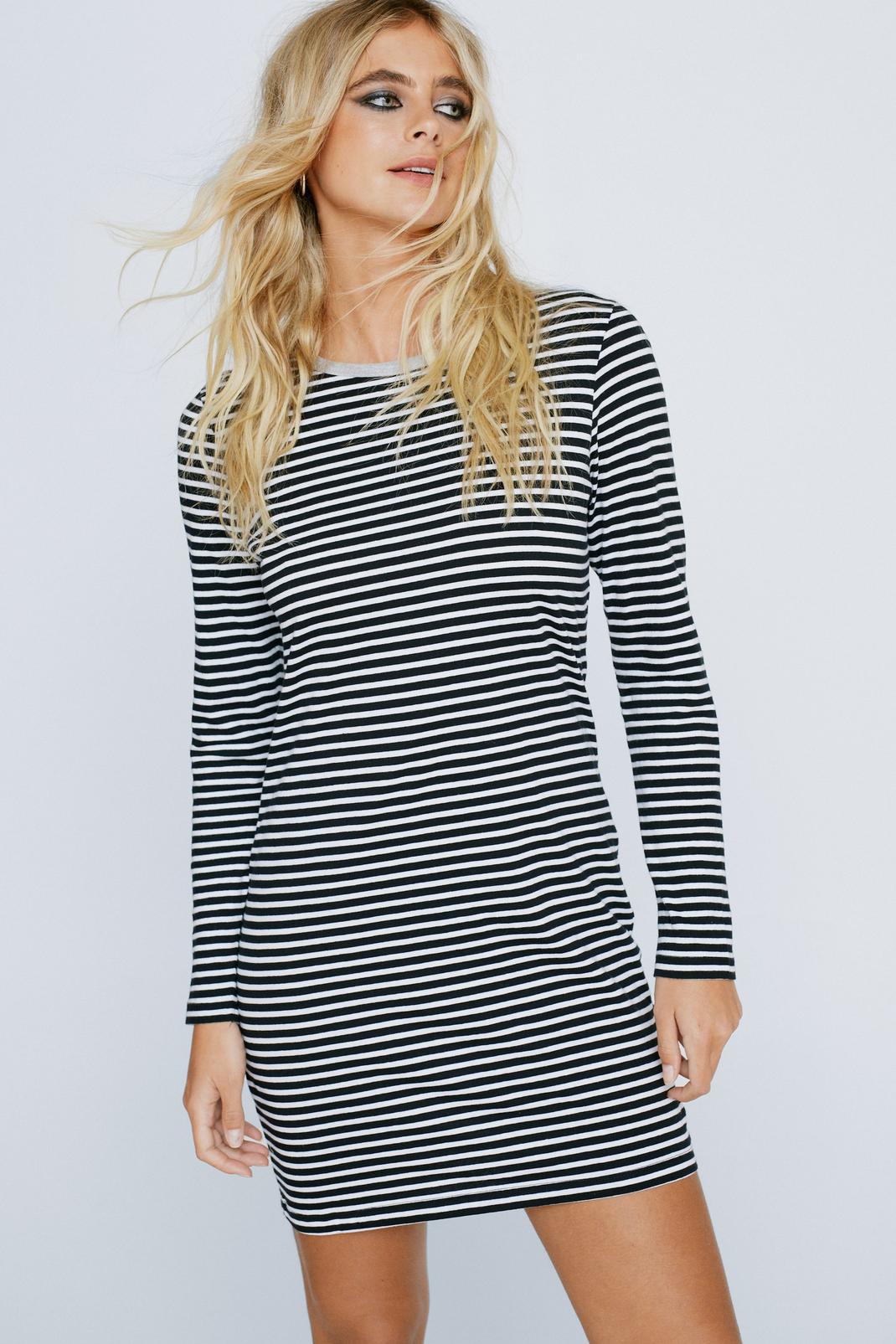 Black_white Long Sleeve Striped Mini Dress image number 1