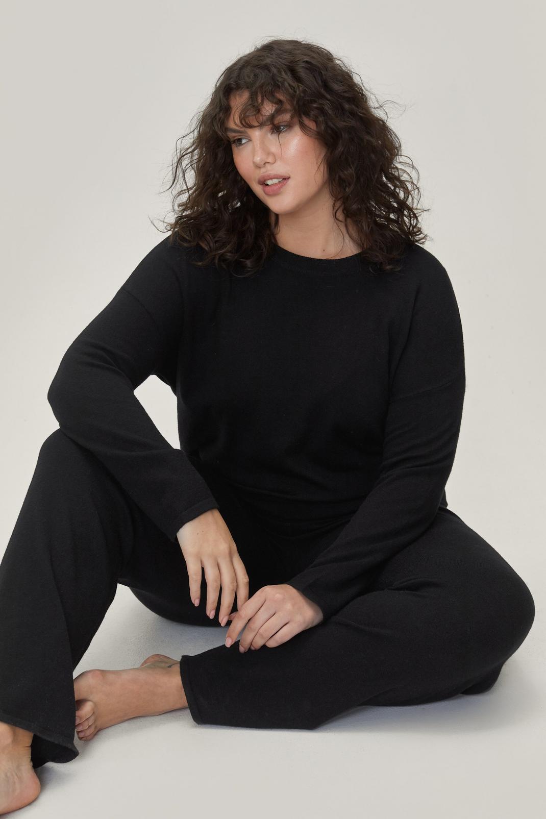 Black Plus Size Yarn Sweater and Pants Lounge Set image number 1