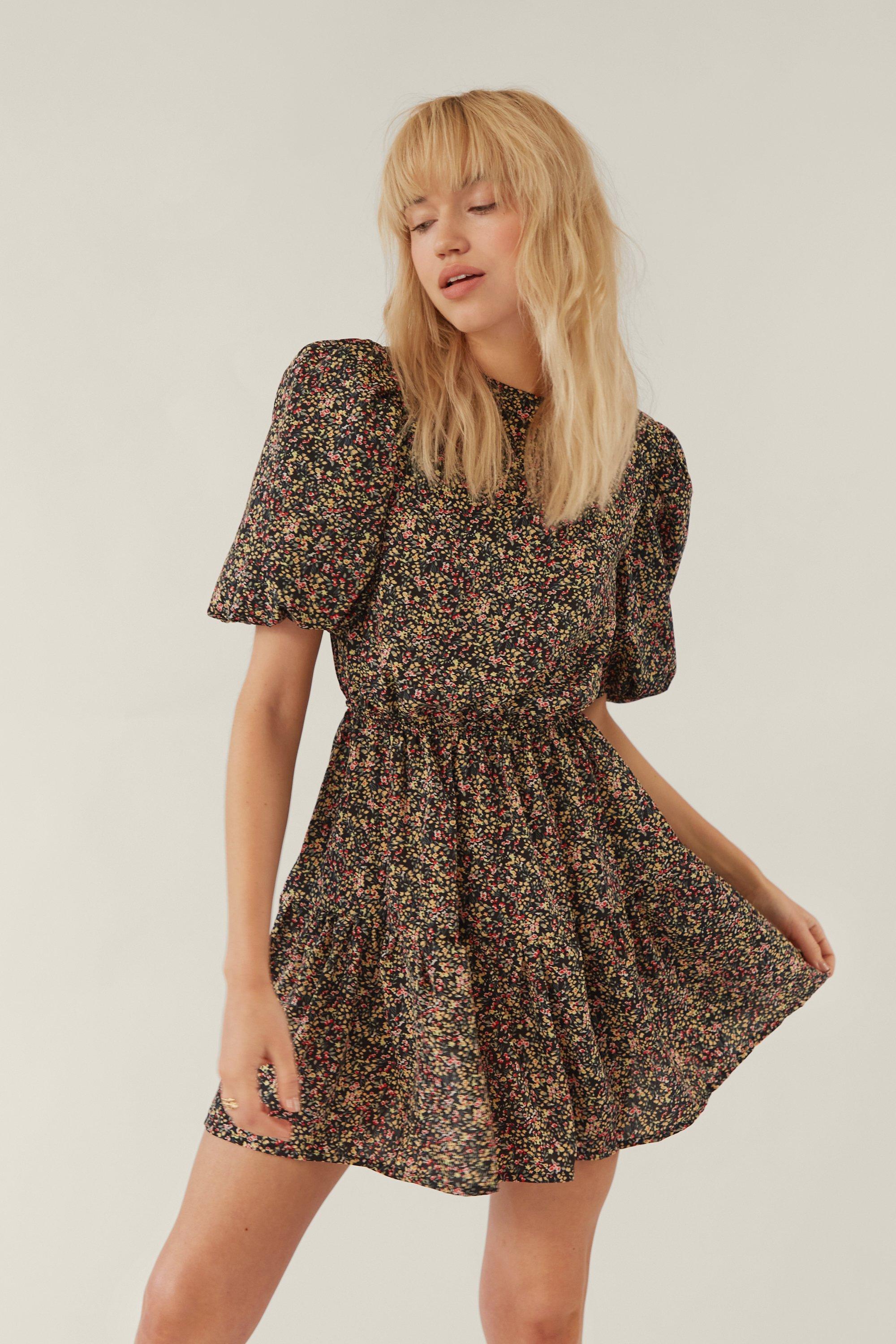 Ditsy Floral Print Puff Sleeve Tiered Mini Dress | Nasty Gal