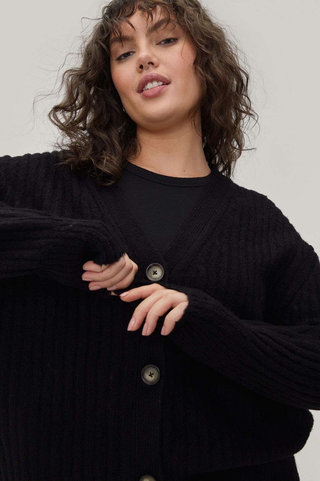 Black Plus Size Ribbed Button Up Cardigan image number 1