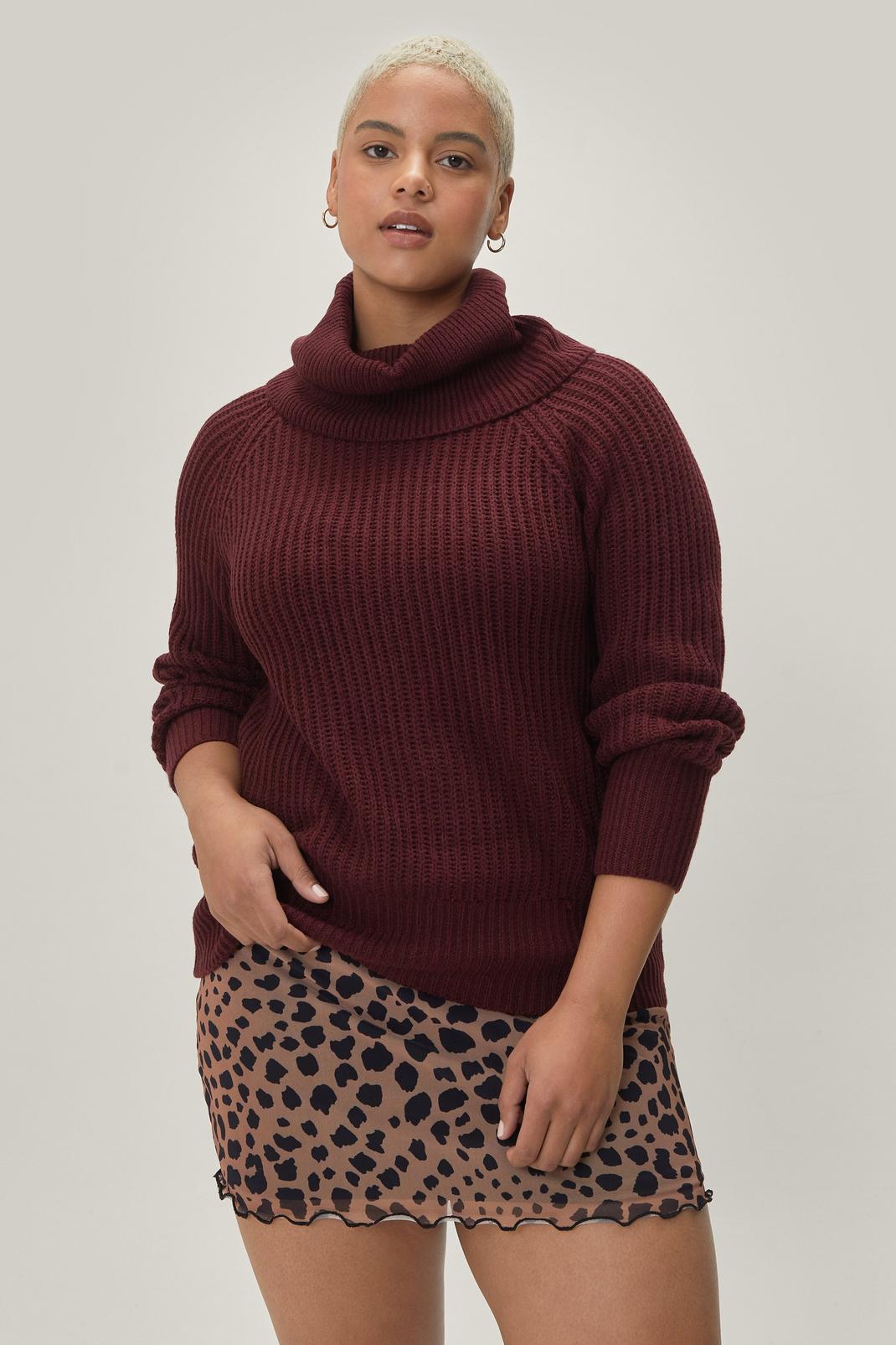 Burgundy Plus Size Roll Neck Knitted Jumper image number 1