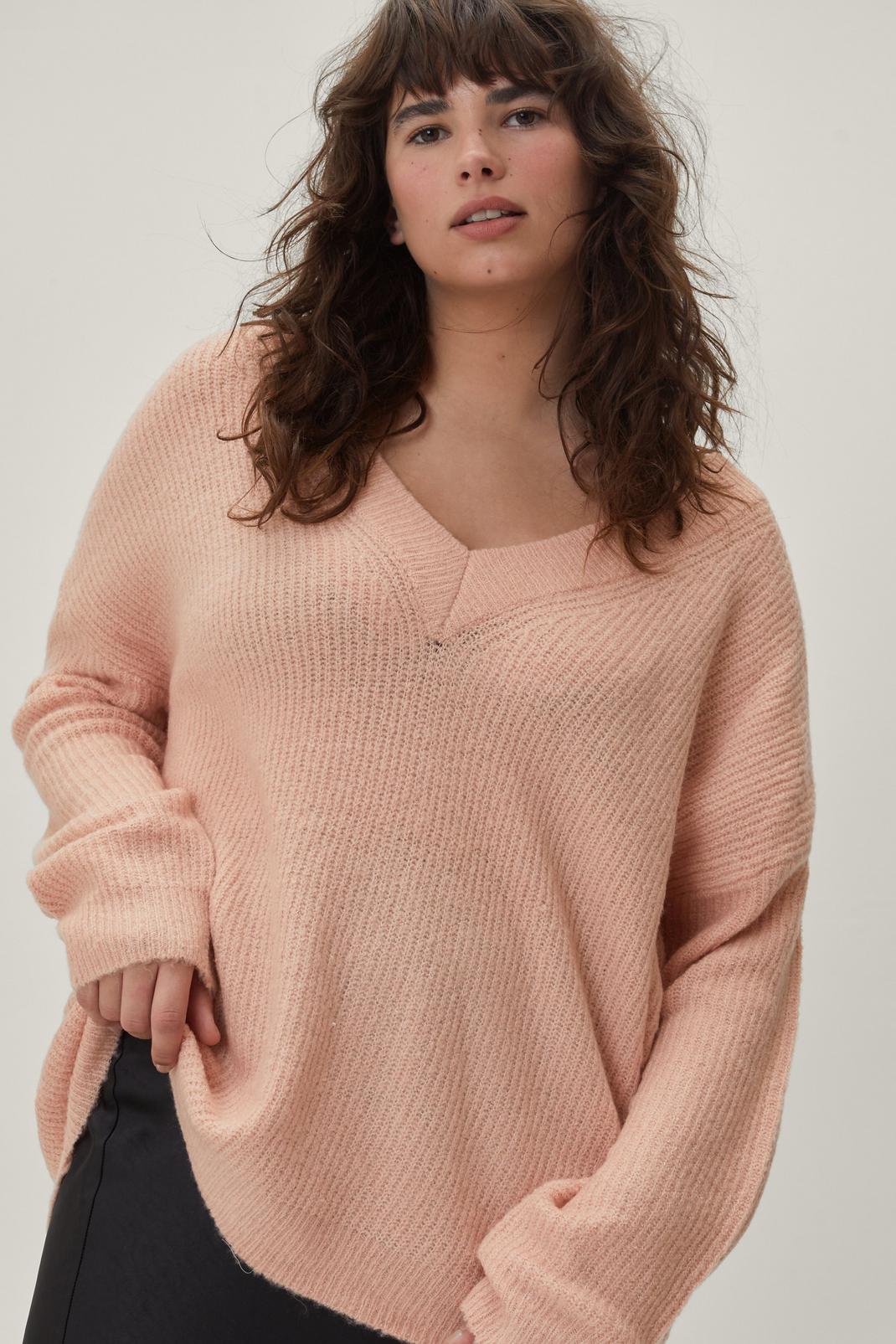Blush Plus Size Deep V Neck Knitted Sweater image number 1
