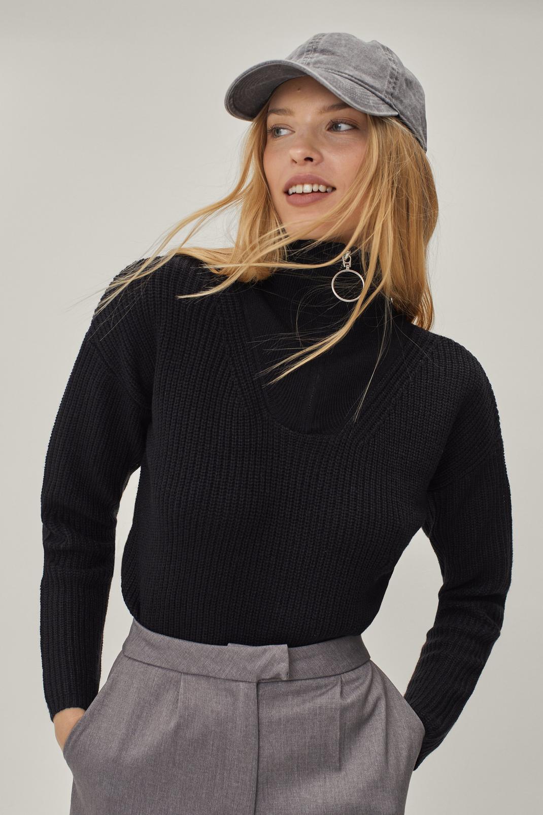 Black Ribbed Knit Quarter Zip Sweater image number 1