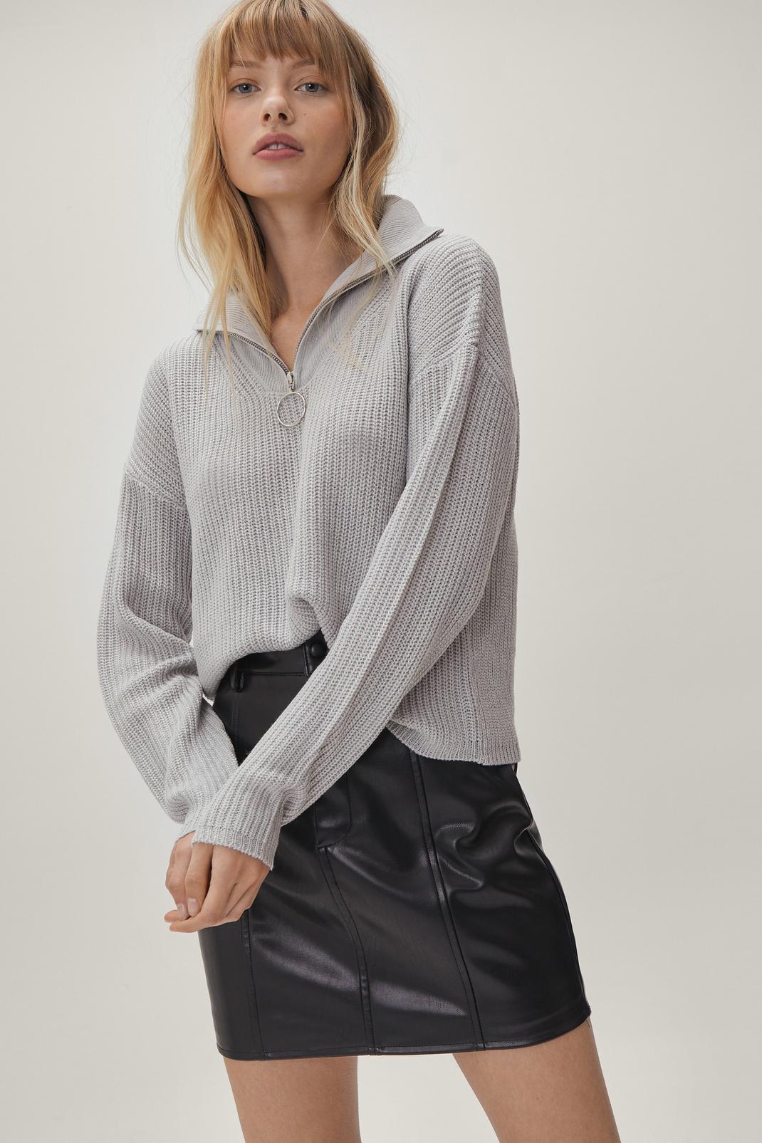 Grey Knitted Zip Front Sweater image number 1