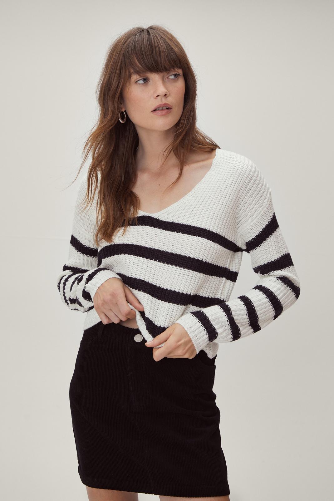 Horizontal Ribbed V-Neck Sweater