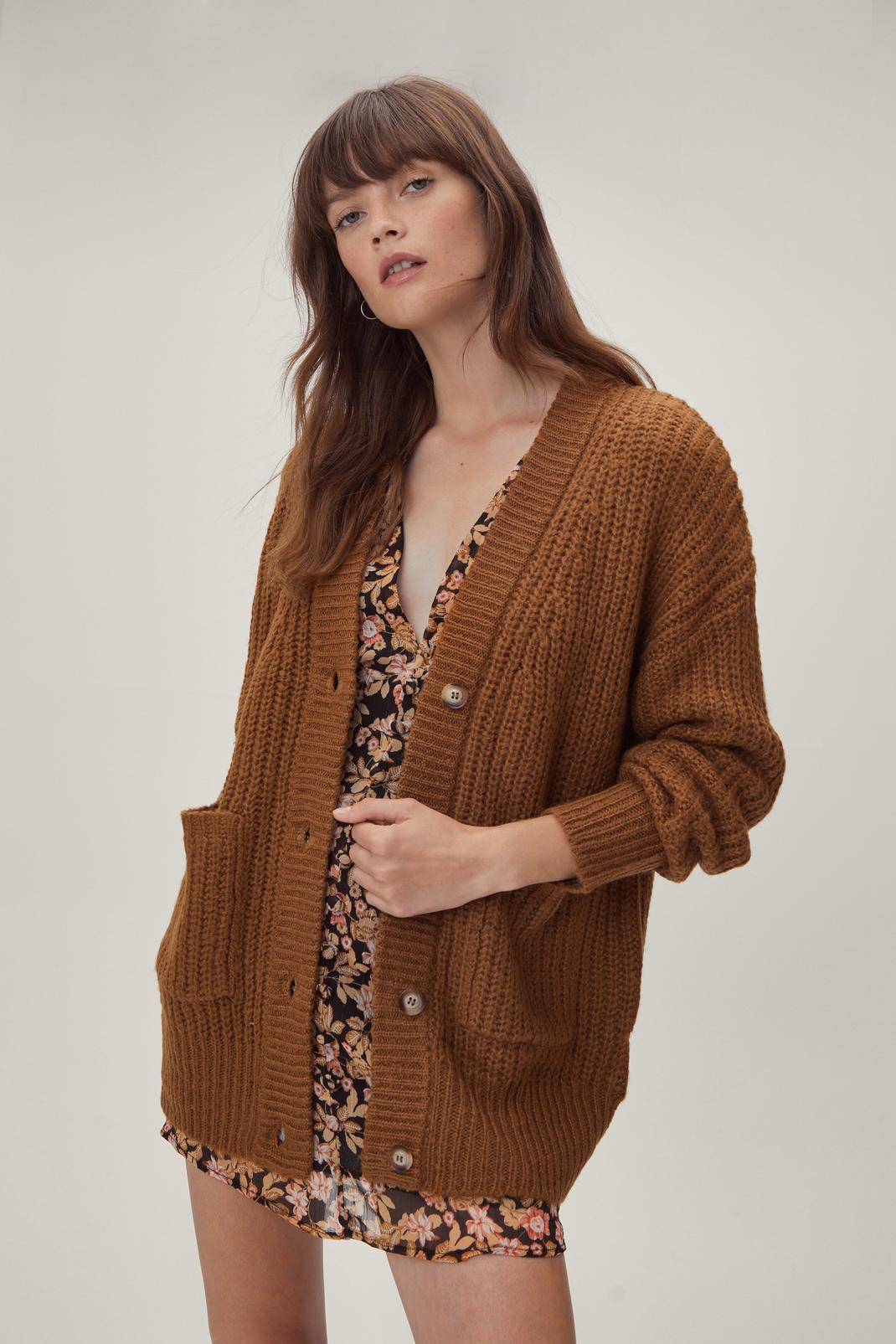 Brown Button Through Chunky Cable Cardigan image number 1