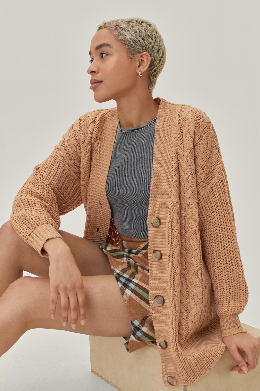 Camel Chunky Button Through Cable Cardigan image number 1