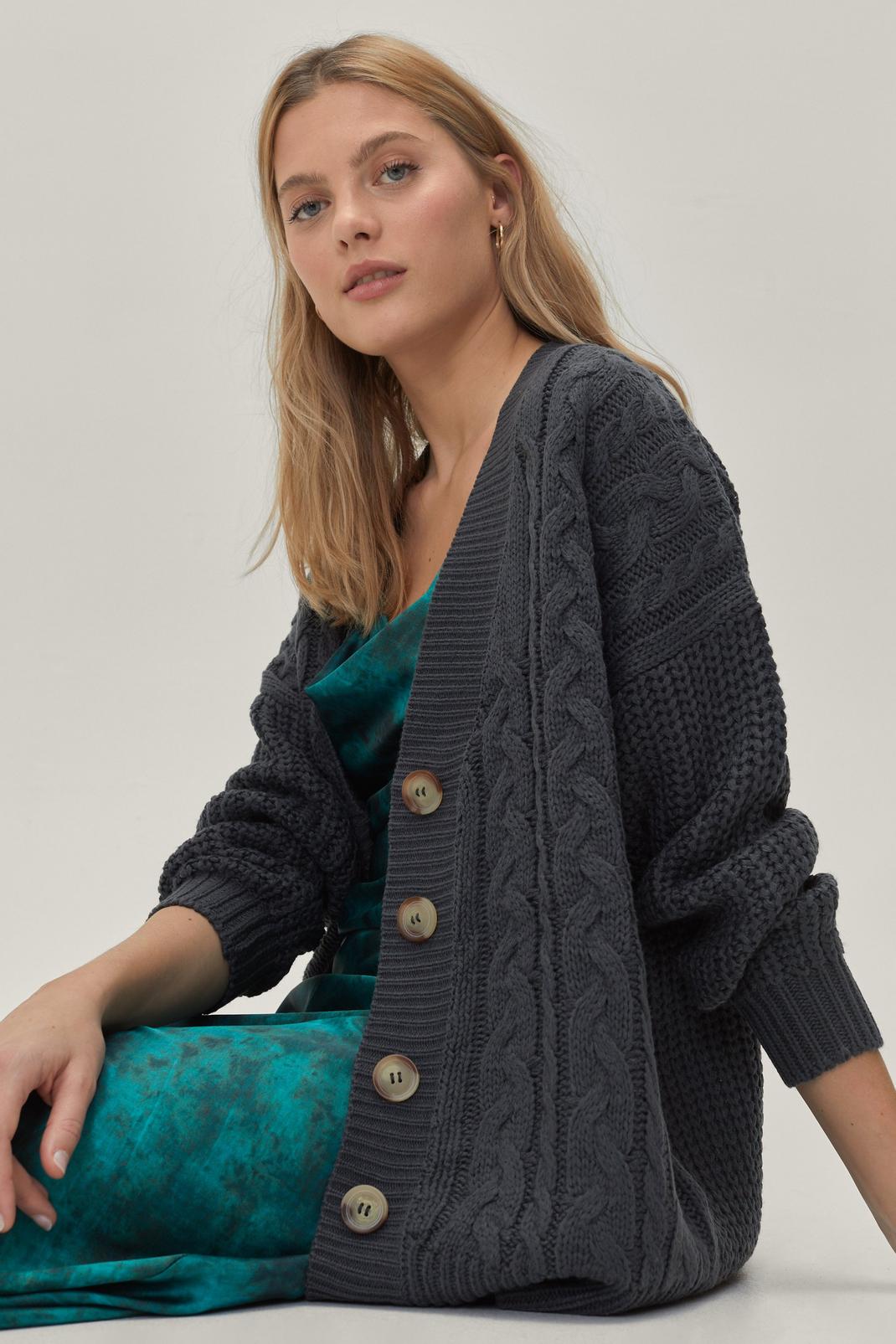 Slate grey Chunky Button Through Cable Cardigan image number 1