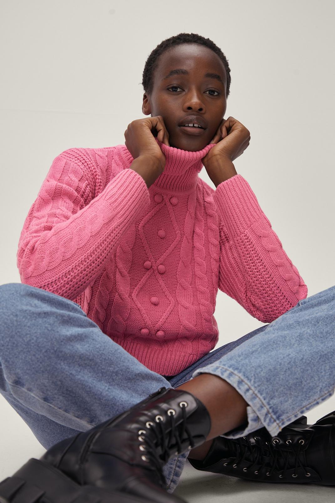 Pink Roll Neck Cropped Cable Knit Jumper image number 1