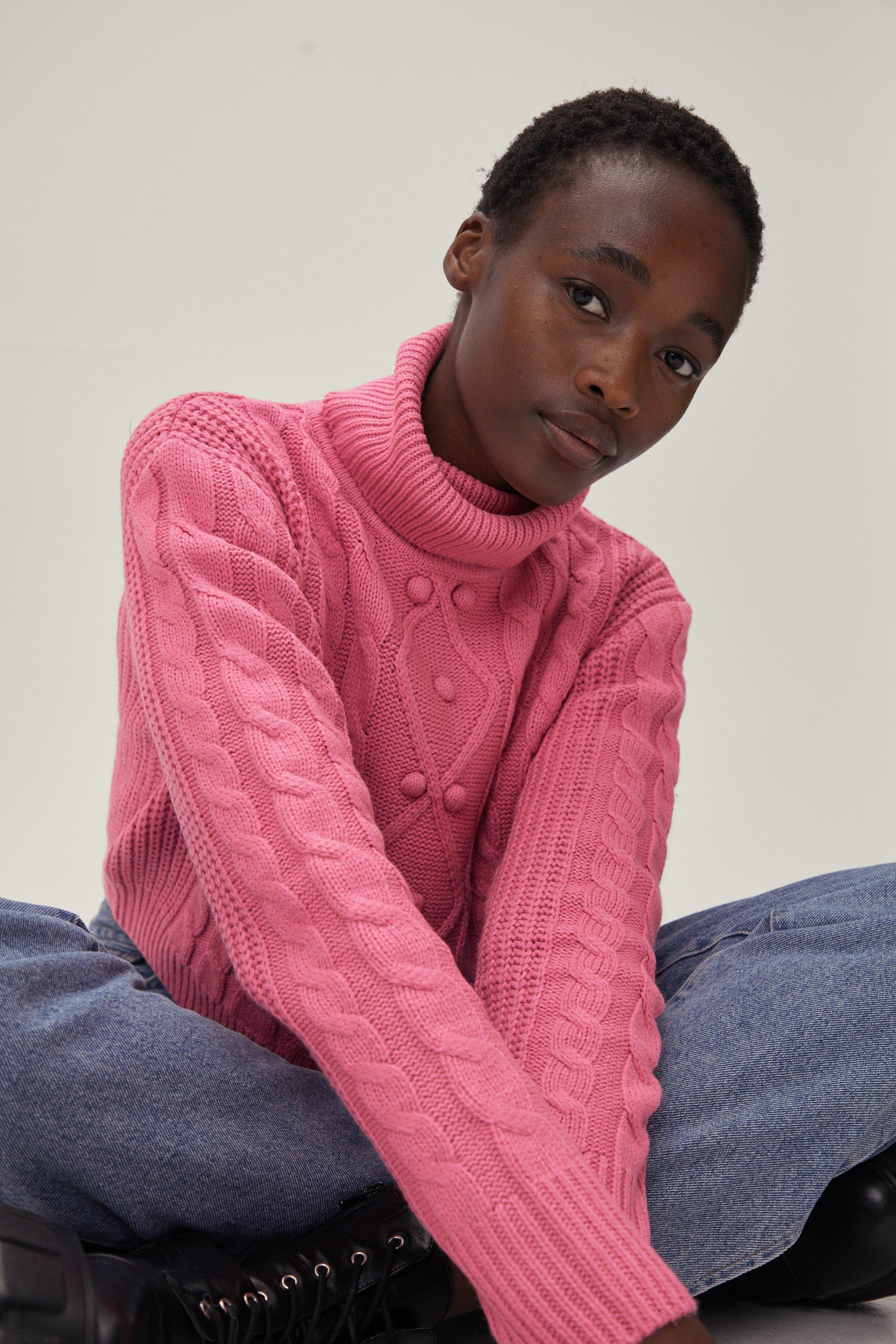 Pink cable knit turtleneck sweater best sale