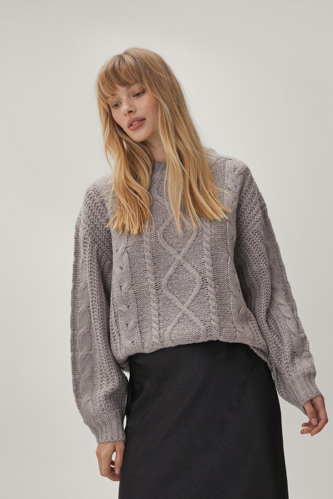 Grey Cable Knit Balloon Sleeve Knit Sweater image number 1