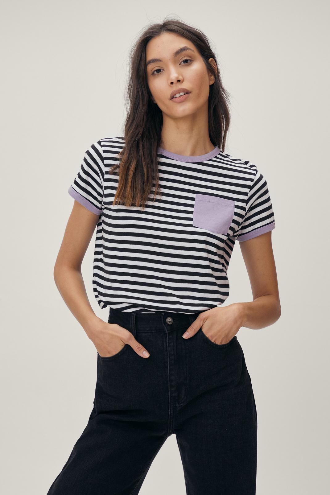 Black Contrast Pocket Detail Striped T-Shirt image number 1