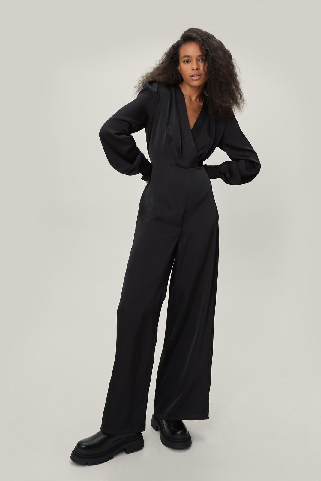 Black Petite Satin Plunge Long Sleeve Jumpsuit image number 1