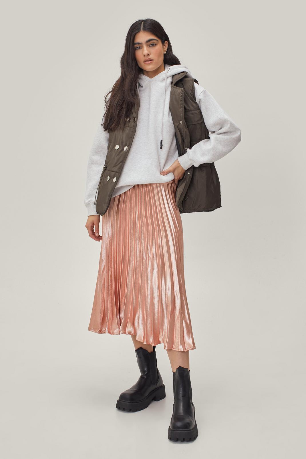 Peach Metallic Pleated Midi Skirt image number 1