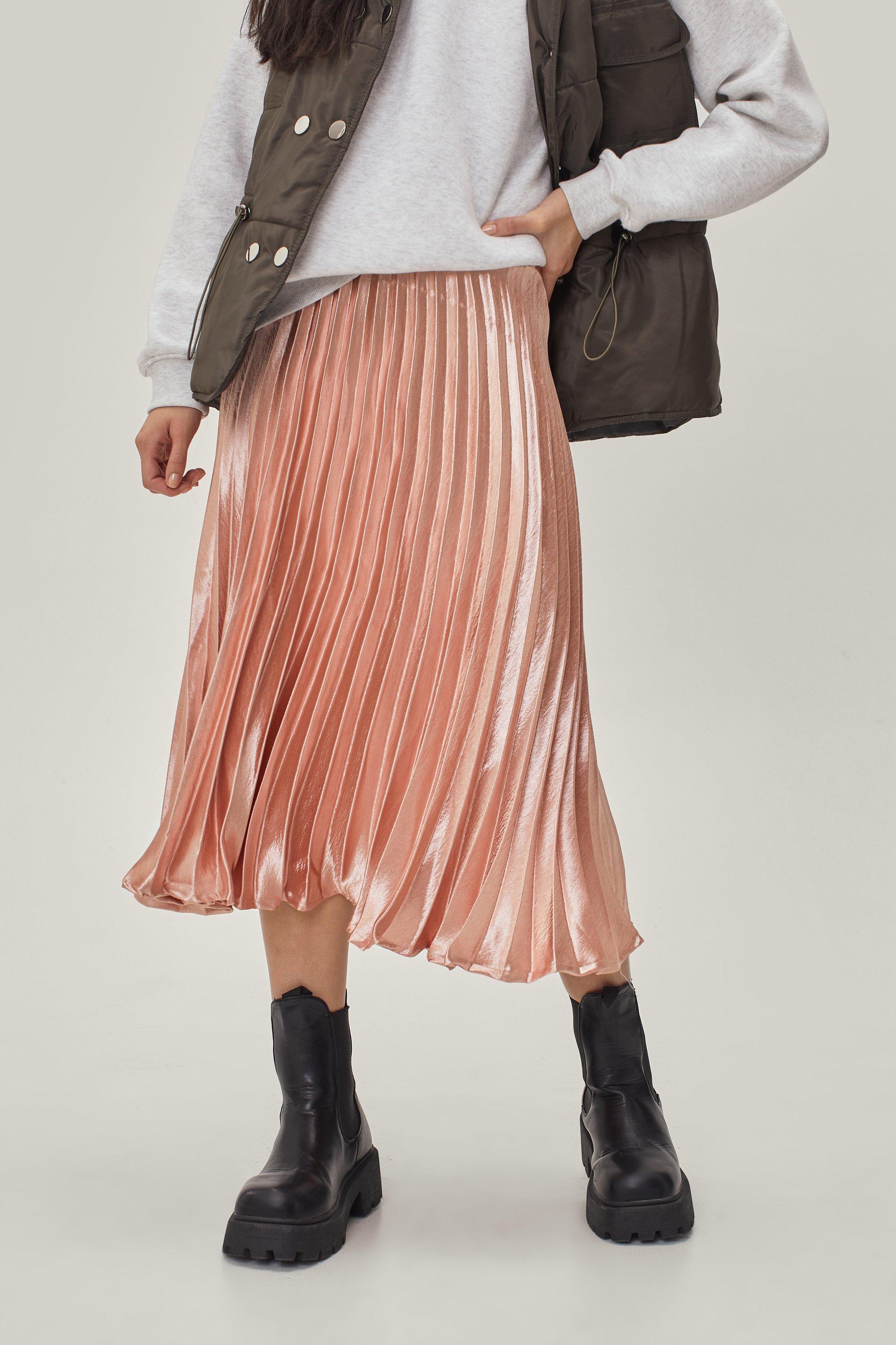 Metallic Satin Pleated High Waisted Midi Skirt in Rose Gold  One Nation  Clothing Metallic Satin Pleated High Waisted Midi Skirt in Rose Gold