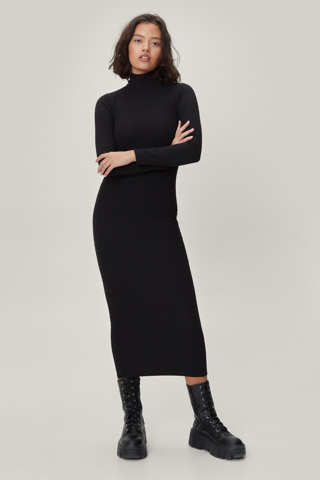 Black Petite High Neck Rib Long Sleeve Midi Dress image number 1