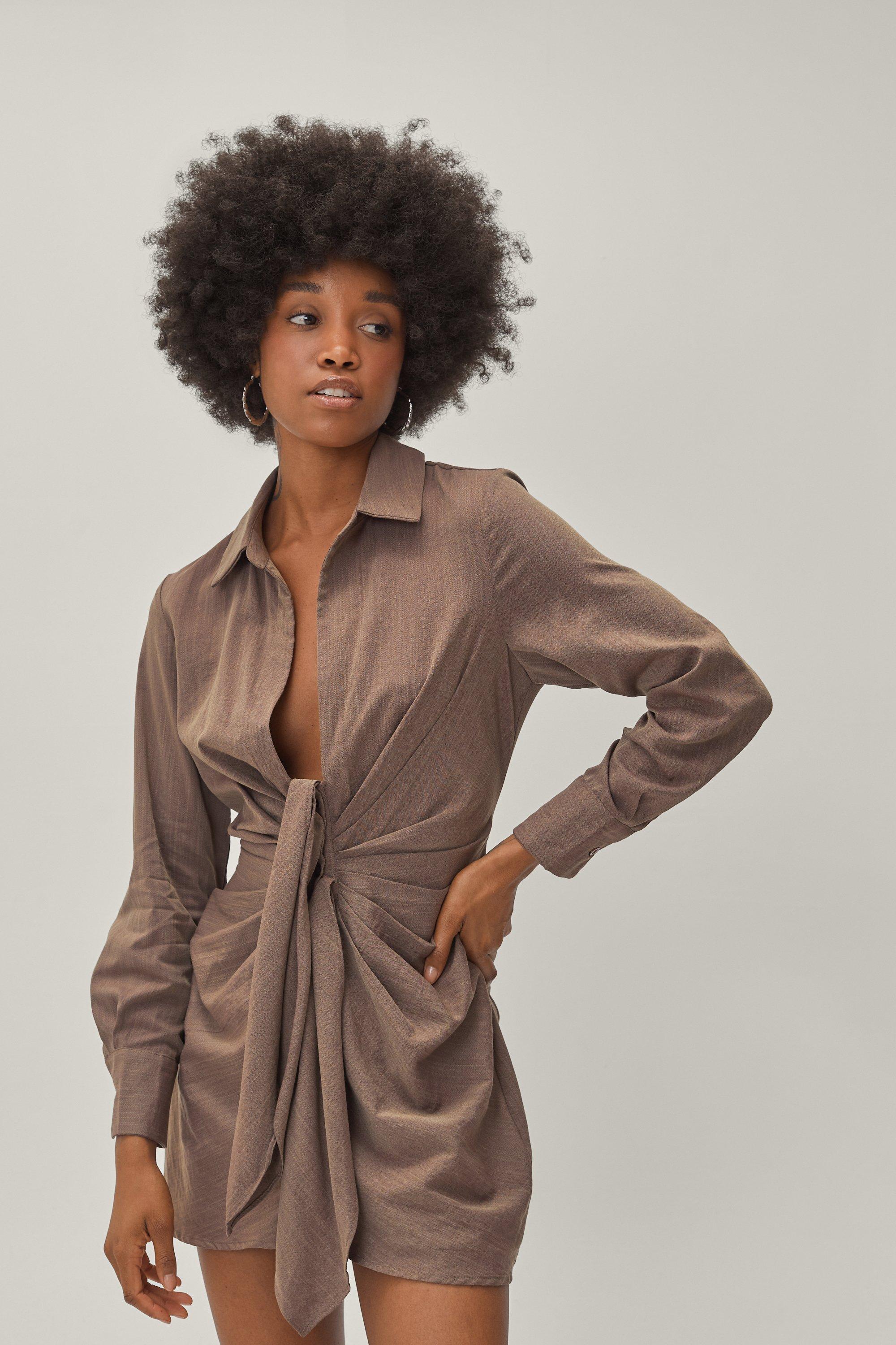 Petite Knot Front V Neck Mini Shirt Dress