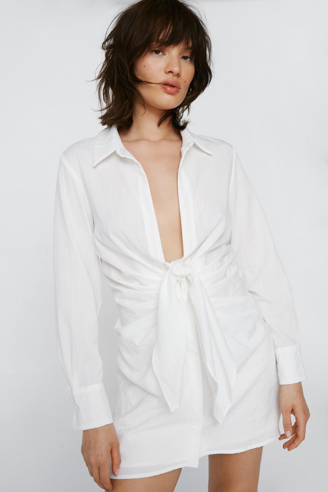 Petite - Robe chemise à col V avec nœud sur le devant, Ivory image number 1