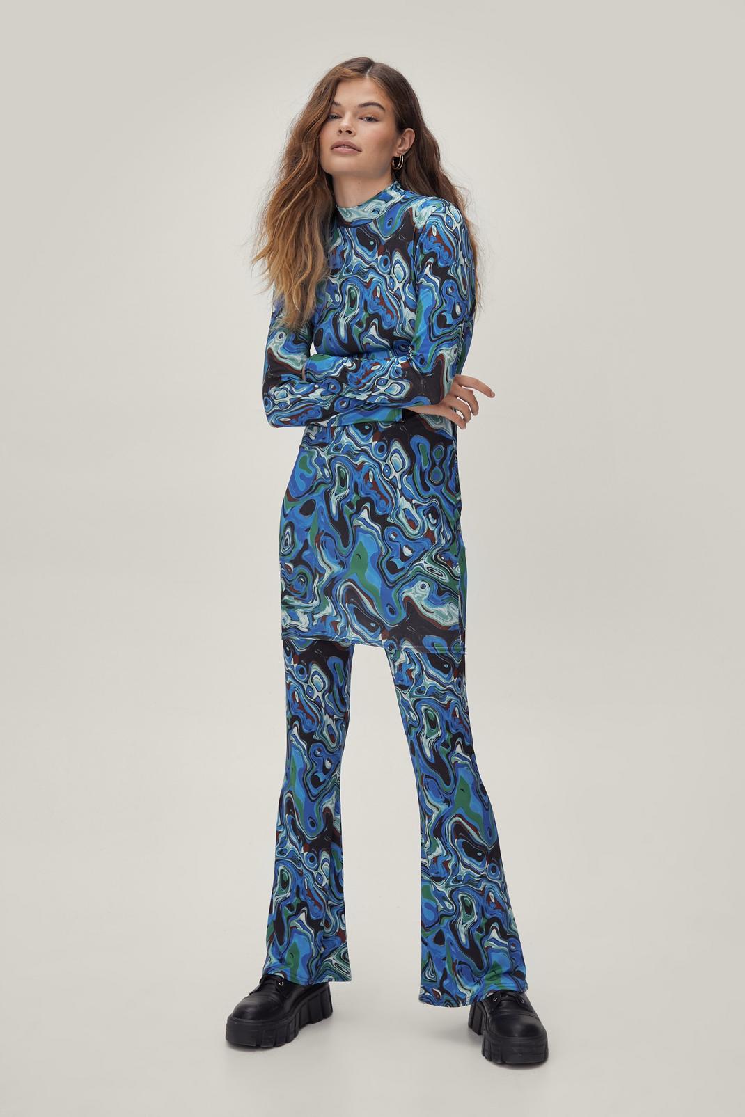 Blue Marble Print Kick Flare Trousers image number 1